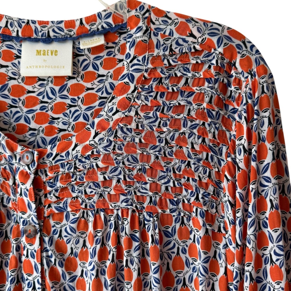 Maeve Anthropologie Orange Blue Floral Fruit Pintuck Ruffle Sleeve Blouse XL